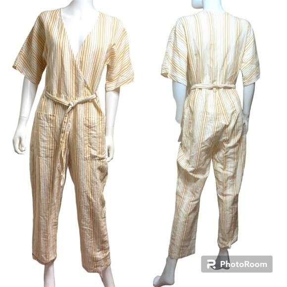Topshop Yellow White Striped Linen Blend Jumpsuit Romper U.S. Size 8 - Picture 5 of 13